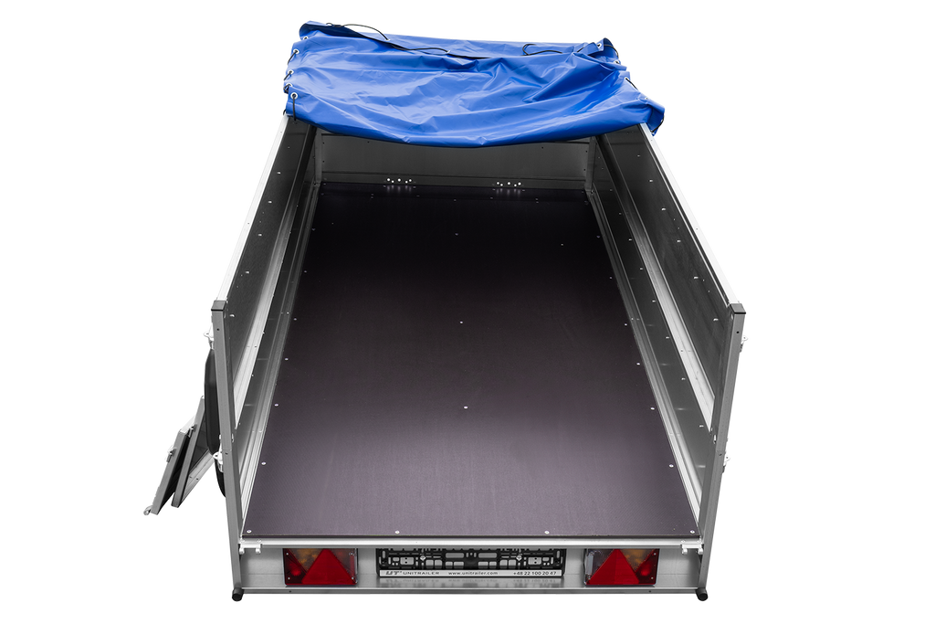 GARDEN TRAILER 264/2 KIPP remorque à deux essieux avec roue jockey, tiges de support, ridelles supplémentaires et bâche plate bleue