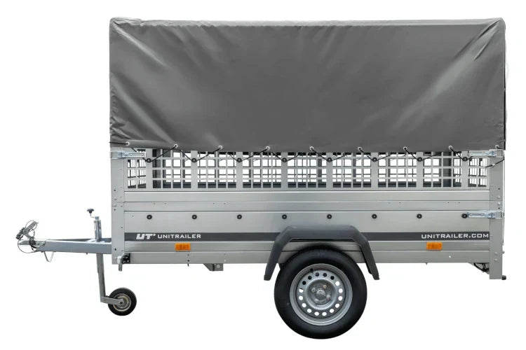 Grande remorque 230×125 avec bâche haute grise, ridelles grillagées et roue jockey – Garden Trailer 230 KIPP
