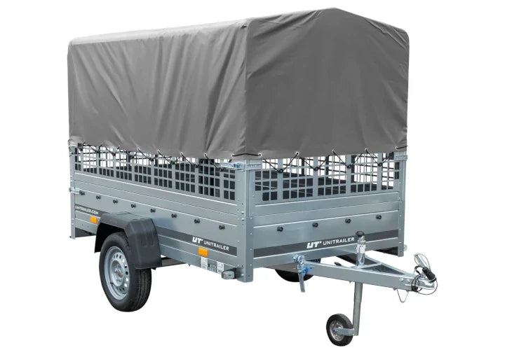 Grande remorque 230×125 avec bâche haute grise, ridelles grillagées et roue jockey – Garden Trailer 230 KIPP