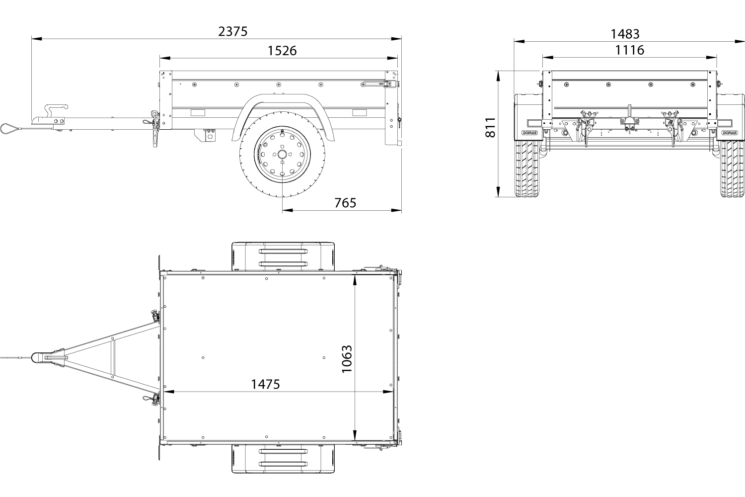 Remorque un essieu 150x106 UNITRAILER GARDEN 150 KIPP avec côtés, ridelles supplementaires et capot en aluminium