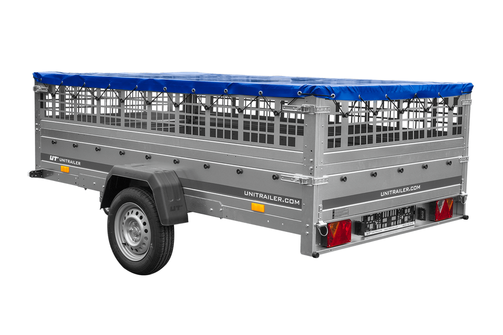 Remorque légère 264x150 UNITRAILER GARDEN 265 KIPP avec ridelles grillagées, châssis H-0 et bâche bleue