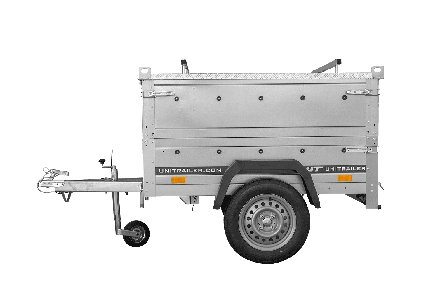 Remorque un essieu 150x106 UNITRAILER GARDEN 150 KIPP avec côtés, ridelles supplementaires et capot en aluminium