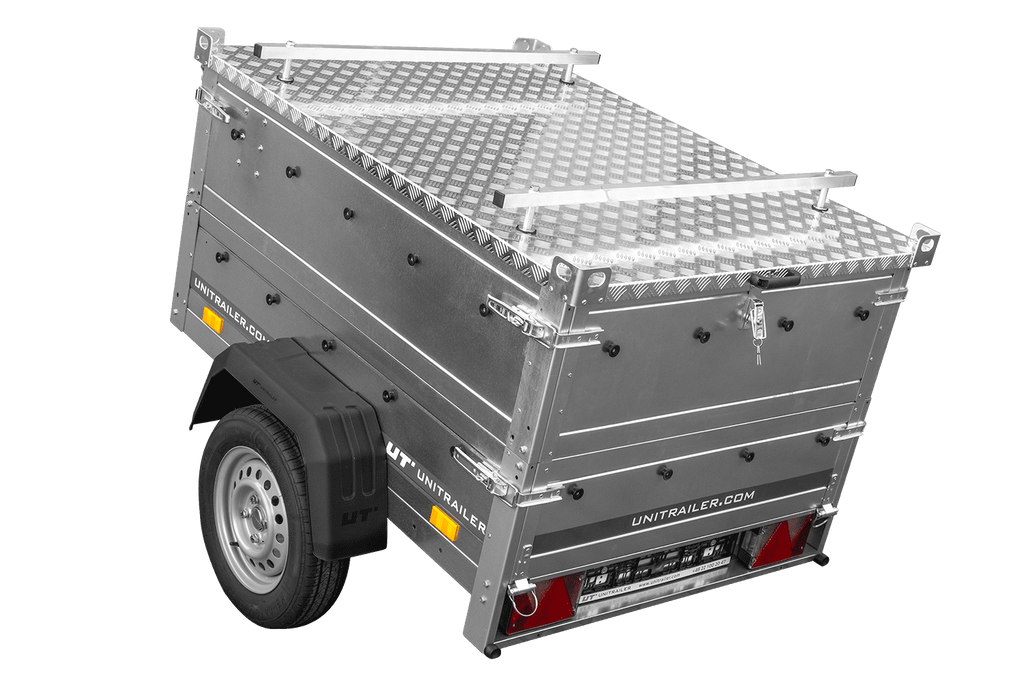 Remorque un essieu 150x106 UNITRAILER GARDEN 150 KIPP avec côtés, ridelles supplementaires et capot en aluminium