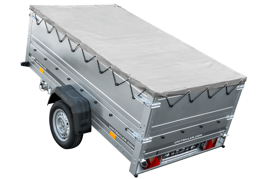 Grande remorque 230×125 avec bâche plate grise, rehausses de ridelles et roue jockey – Garden Trailer 230 KIPP