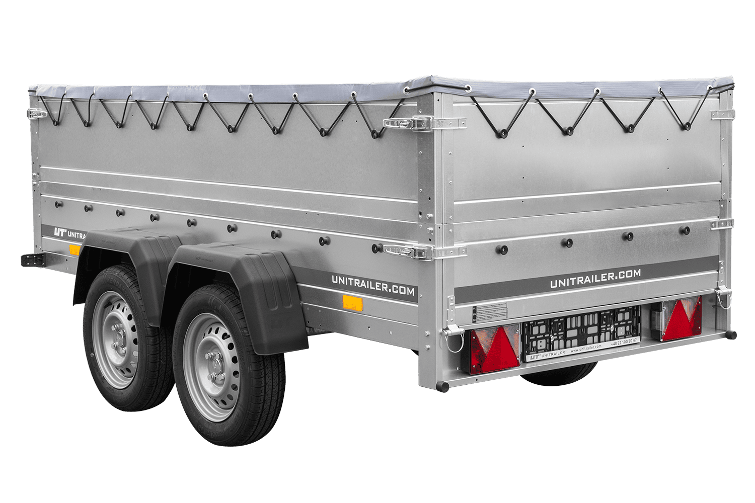 GARDEN TRAILER 264/2 KIPP remorque à deux essieux avec roue jockey, châssis H-0, ridelles BIS et bâche plate grise