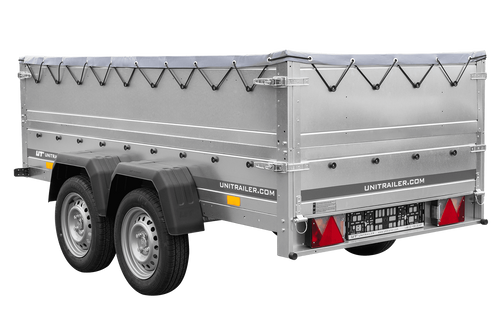 GARDEN TRAILER 264/2 KIPP remorque à deux essieux avec roue jockey, châssis H-0, ridelles BIS et bâche plate grise