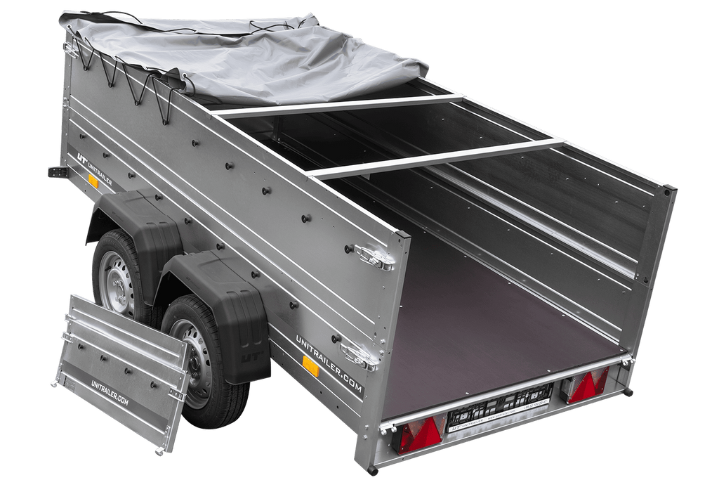 GARDEN TRAILER 264/2 KIPP remorque à deux essieux avec roue jockey, châssis H-0, ridelles BIS et bâche plate grise